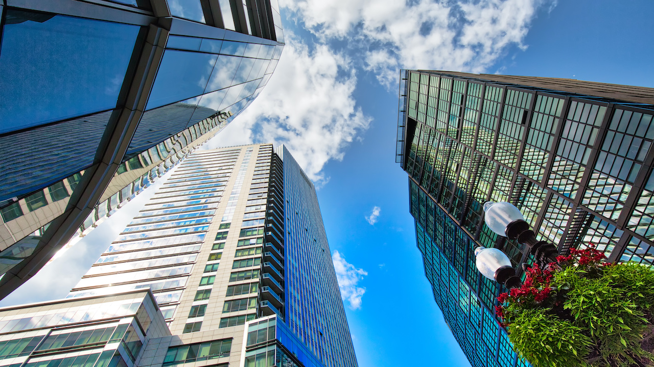Boston downtown financial district and city skyline at a bright sunny day